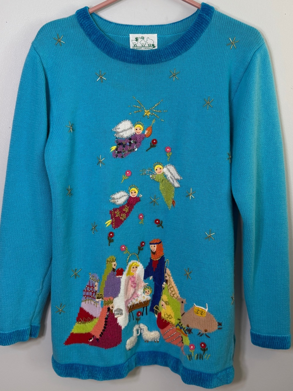 Quacker Factory VTG blue nativity scene embellished sweater beaded holiday MED
